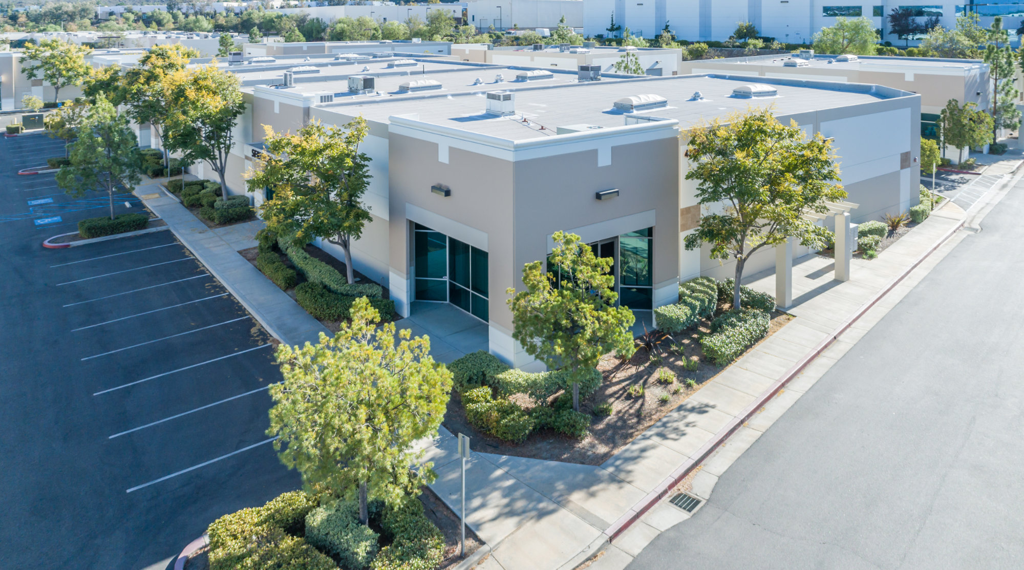 Aerial View Of Industrial Commerce Office Buildings.